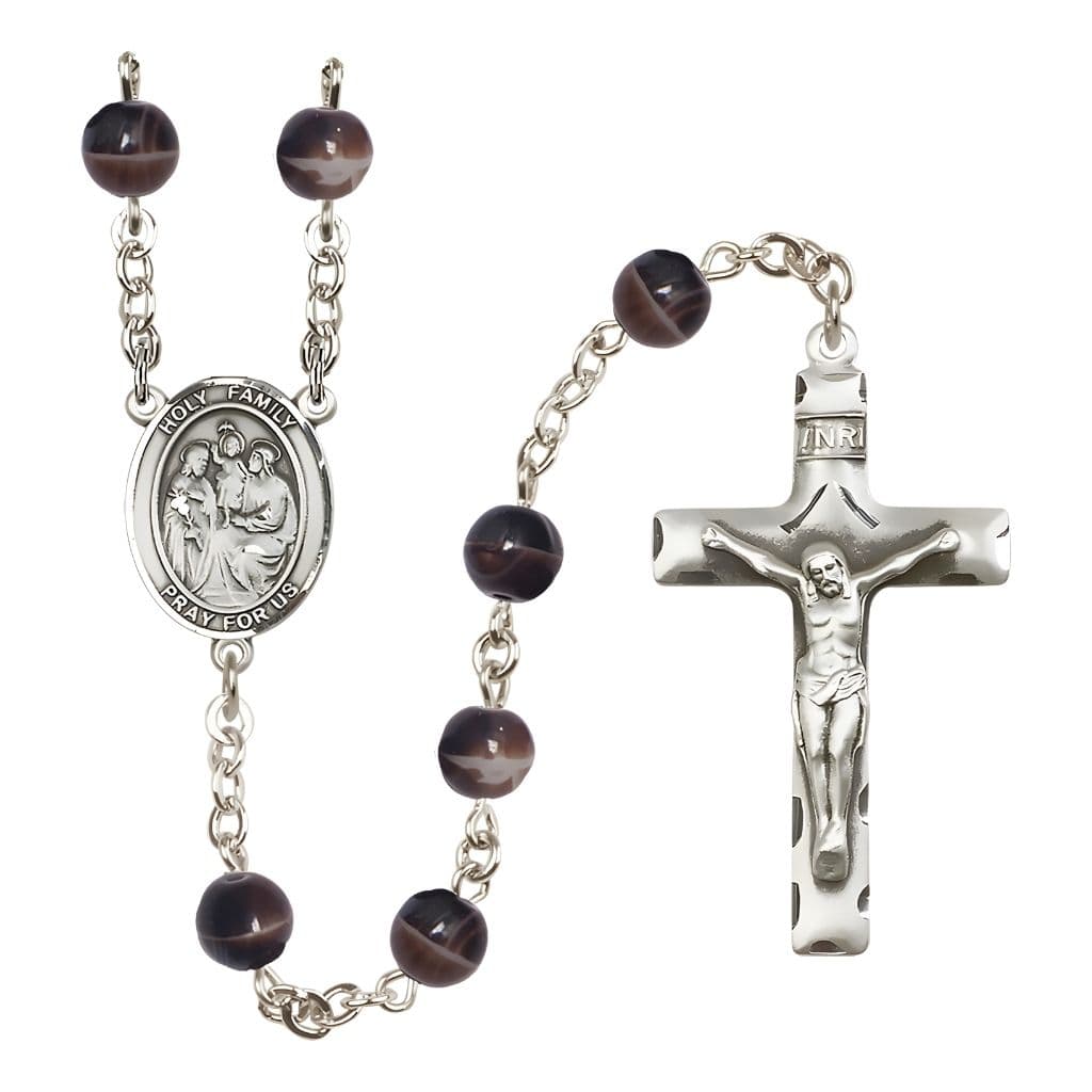 Bliss Holy Family 7mm Brown Glass Bead Silver-Plated Catholic Rosary with Pewter Centerpiece and Crucifix