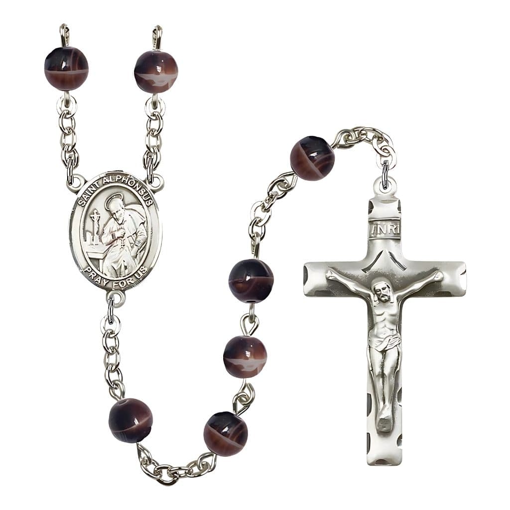Bliss St. Alphonsus Maria de Liguori 7mm Brown Glass Silver-plated Rosary with Pewter Centerpiece and Crucifix