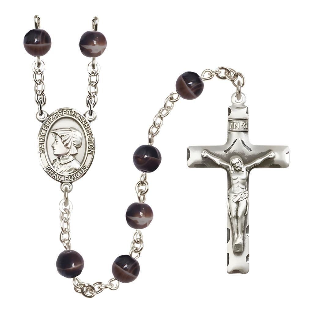 Bliss St. Elizabeth Ann Seton 7mm Brown Glass Bead Catholic Rosary with Pewter Centerpiece and Crucifix