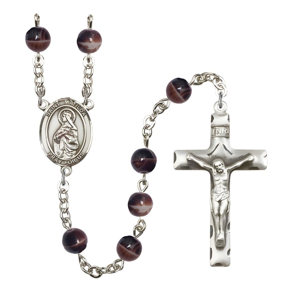 Bliss St. Matilda 7mm Brown Glass Bead Catholic Rosary with Pewter Centerpiece and Crucifix