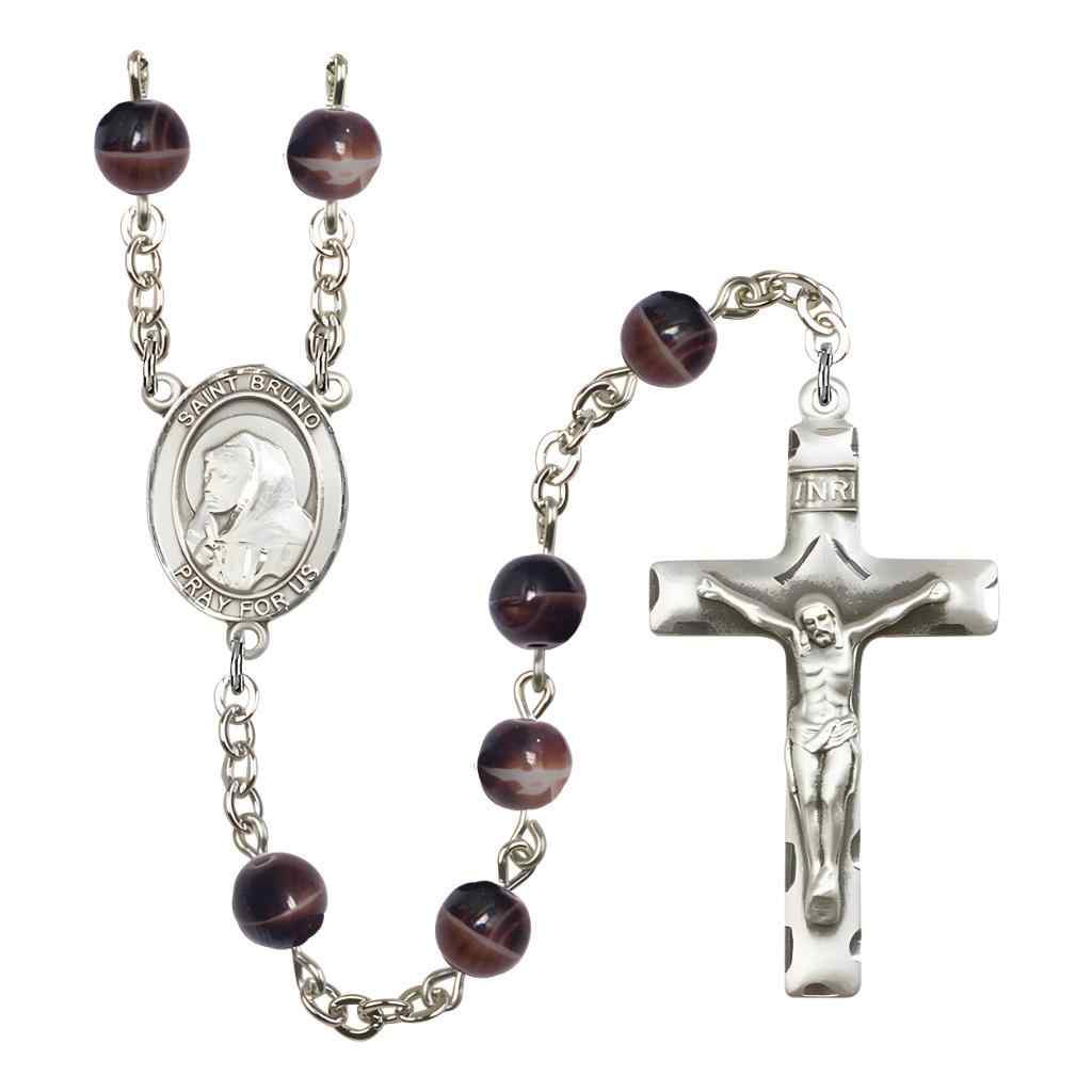 Saint Bruno 7mm Brown Glass Bead Rosary with Pewter Centerpiece and Crucifix in Gift Box, Made in USA by Bliss Manufacturing