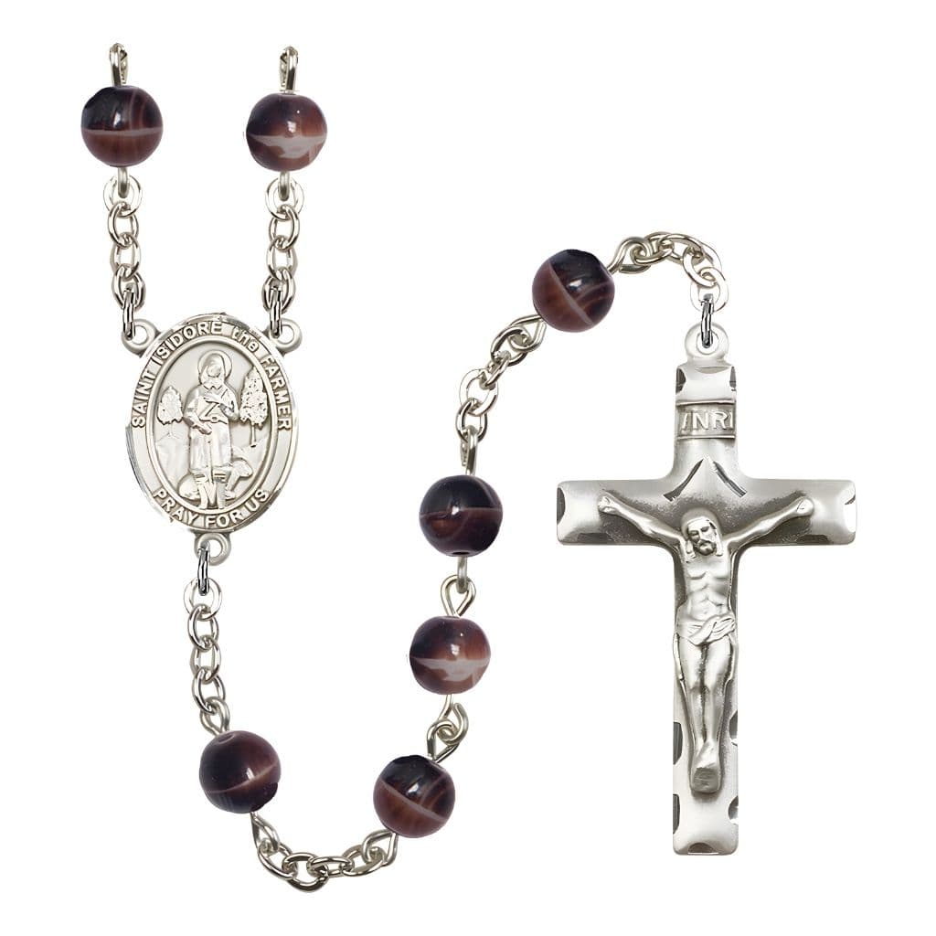 Bliss St. Isidore the Farmer 7mm Brown Glass Bead Rosary with Pewter Centerpiece and Crucifix, Gift Box.