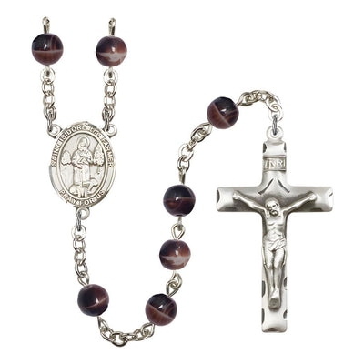 St. Isidore the Farmer 7mm Brown Glass Bead Rosary with Pewter Centerpiece and Crucifix, Gift Box, Bliss Manufacturing