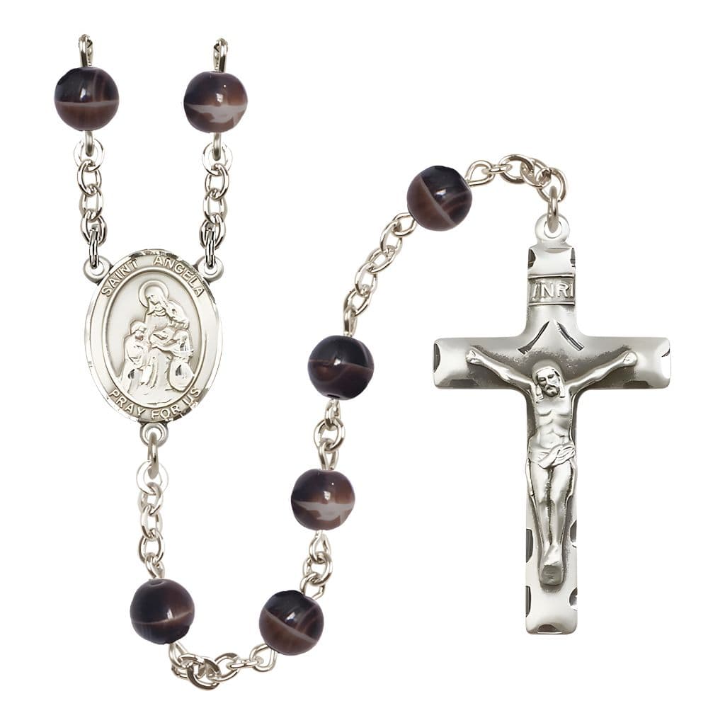 Bliss St. Angela Merici 7mm Brown Glass Bead Catholic Rosary with Pewter Centerpiece and Crucifix