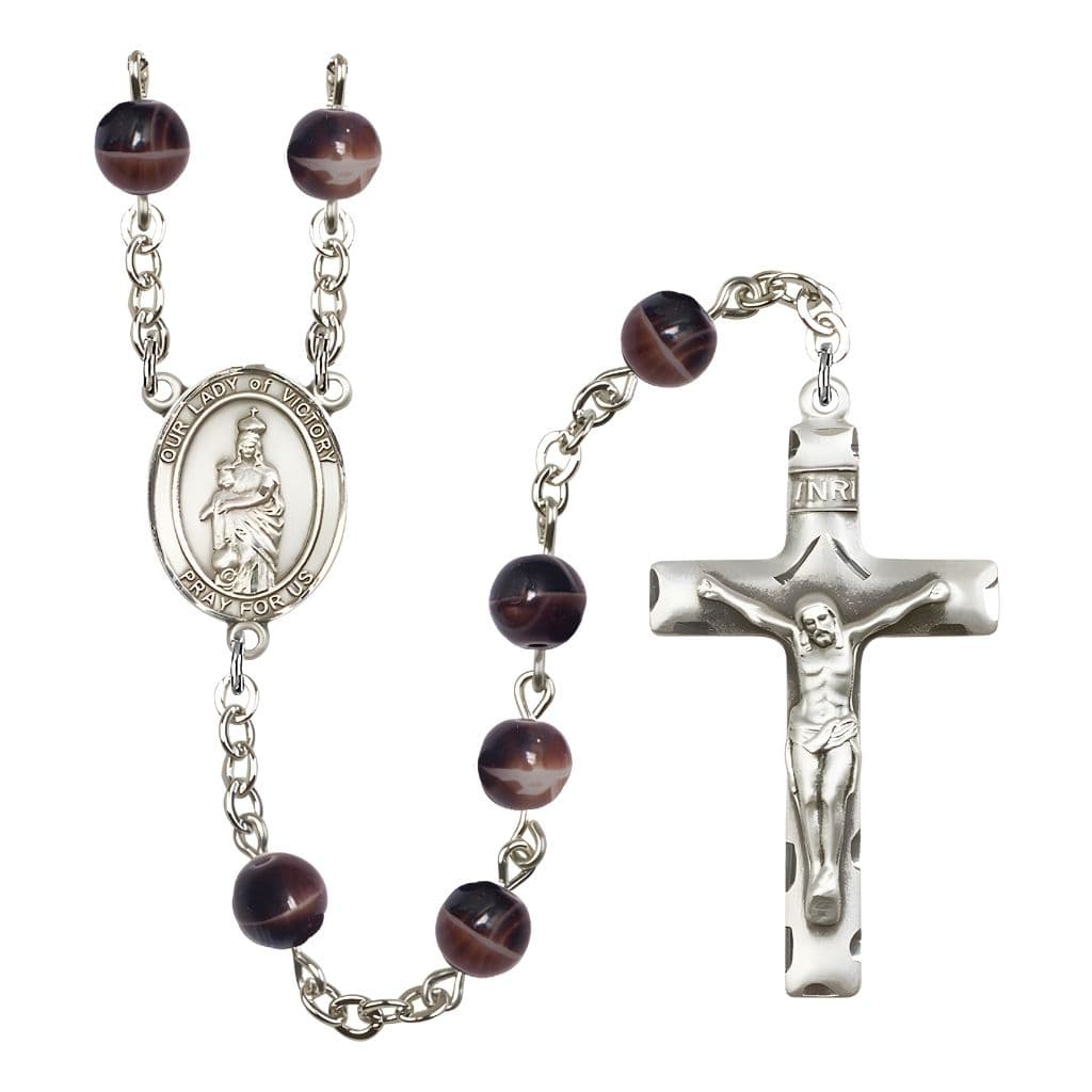 Bliss Catholic Our Lady of Victory 7mm Brown Glass Silver-plated Rosary with Pewter Centerpiece and Crucifix