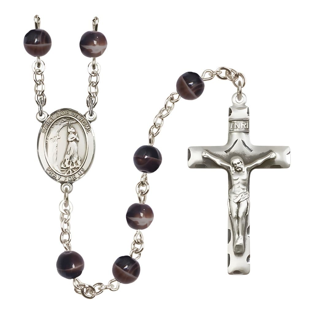 Bliss St. Zoe of Rome 7mm Brown Glass Bead Silver-plated Rosary with Pewter Centerpiece and Crucifix