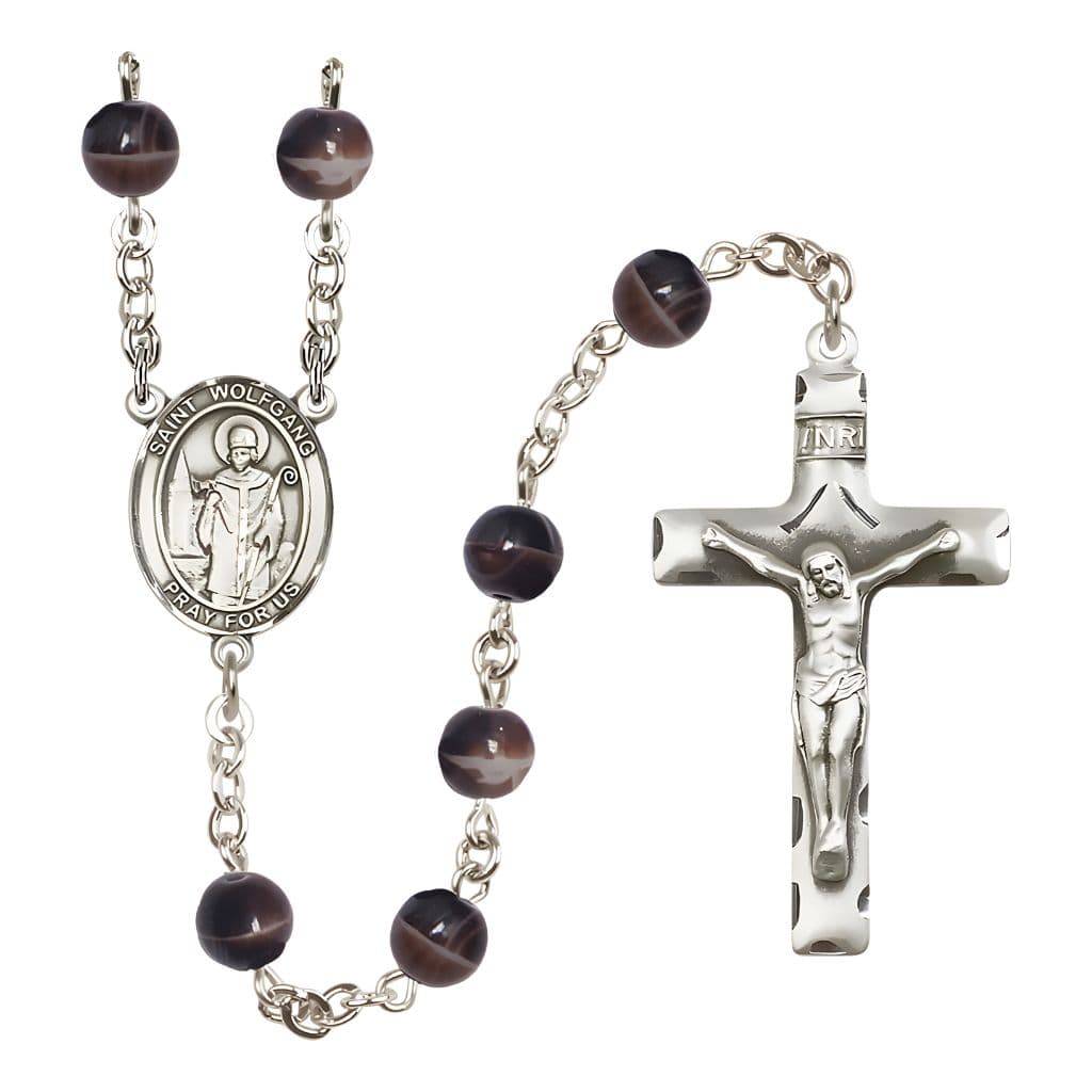 Bliss St. Wolfgang 7mm Brown Glass Bead Silver-plated Rosary with Pewter Centerpiece and Crucifix