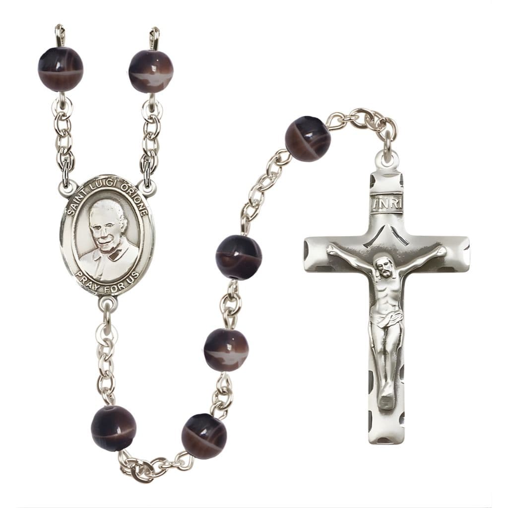Bliss St. Luigi Orione 7mm Brown Glass Bead Catholic Rosary with Pewter Centerpiece and Crucifix