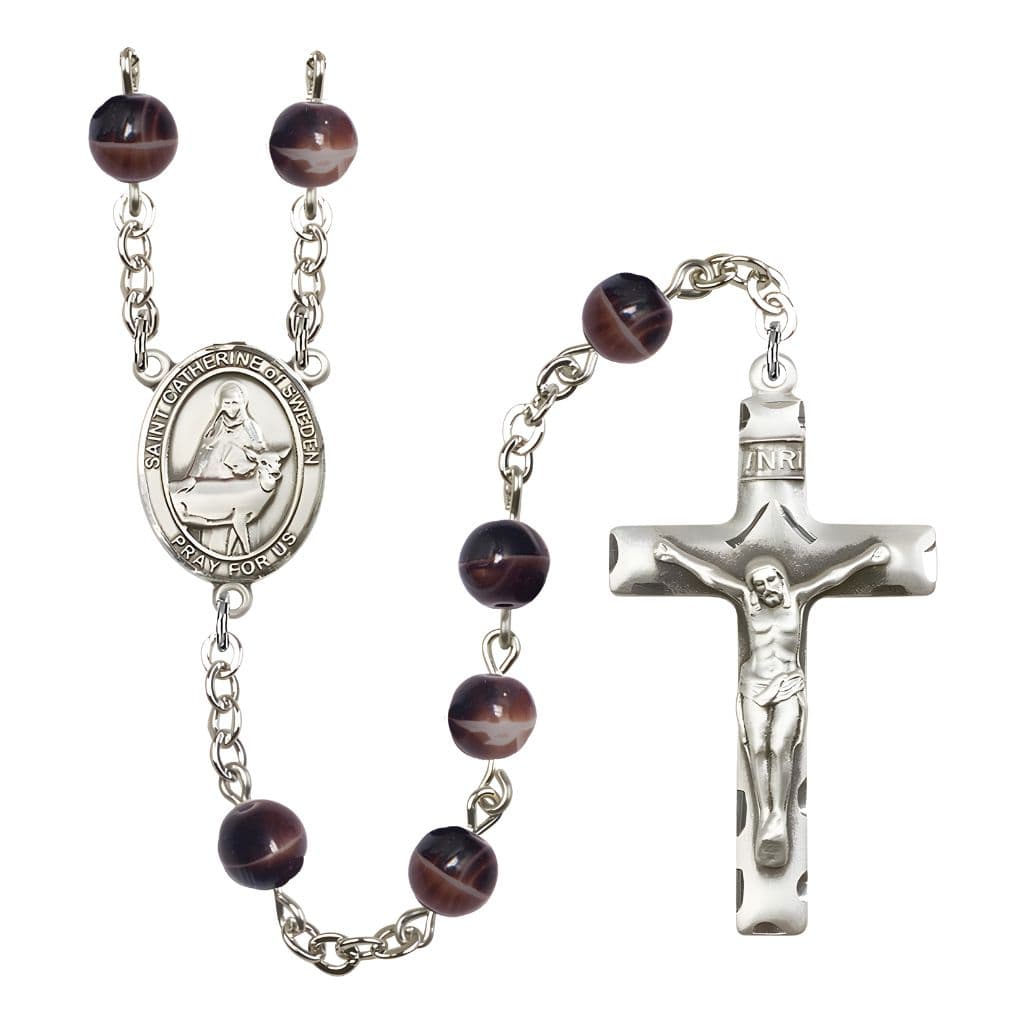 Bliss St. Catherine of Sweden 7mm Brown Glass Bead Catholic Rosary with Pewter Centerpiece and Crucifix
