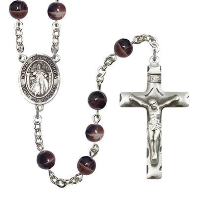 Spanish Jesus Divine Mercy 7mm Brown Glass Bead Catholic Rosary with Pewter Centerpiece and Crucifix, Bliss Manufacturing