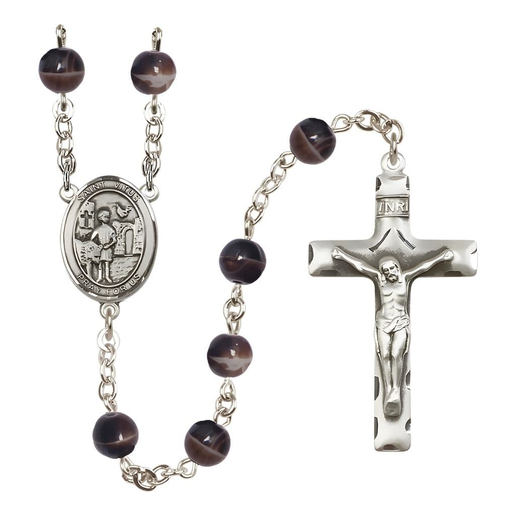 Bliss St. Vitus 7mm Brown Glass Bead Catholic Rosary with Pewter Centerpiece and Crucifix
