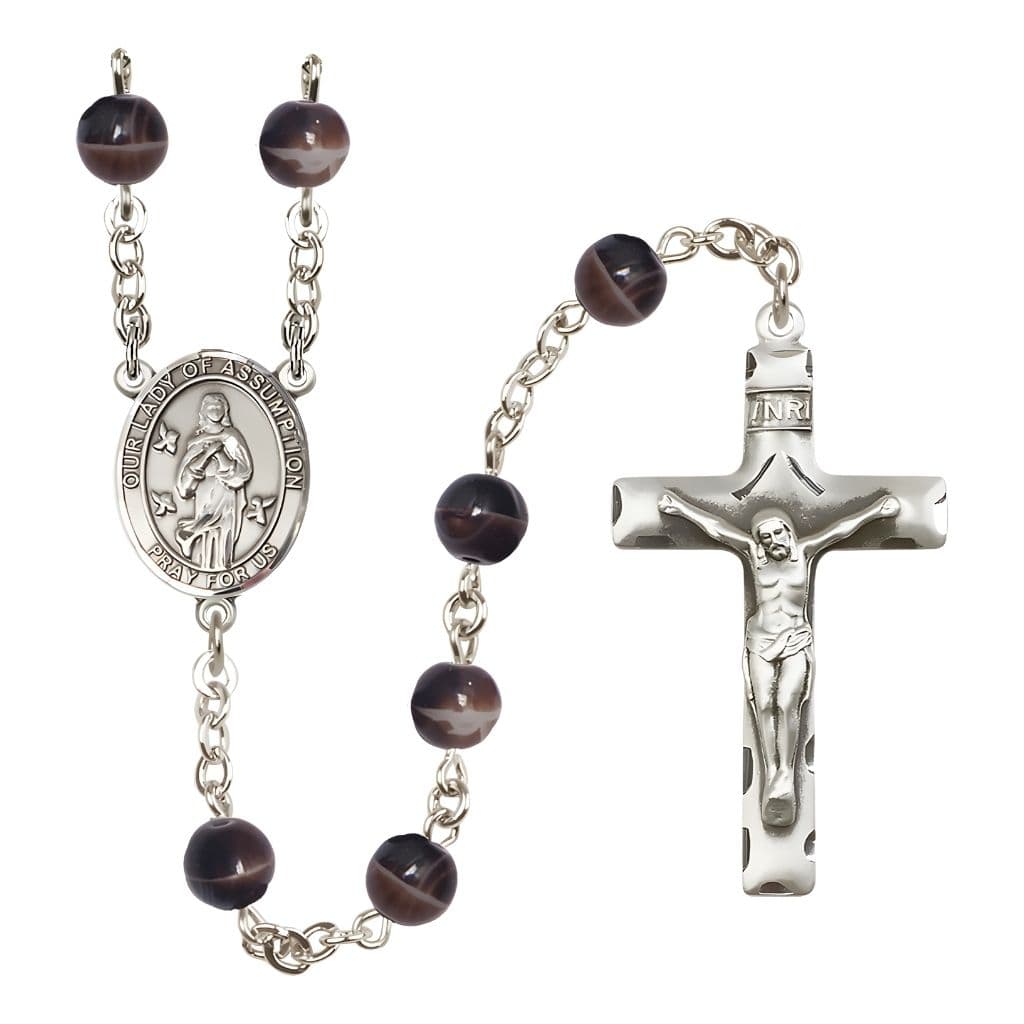 Bliss Our Lady of Assumption 7mm Brown Glass Bead Silver-plated Catholic Rosary,