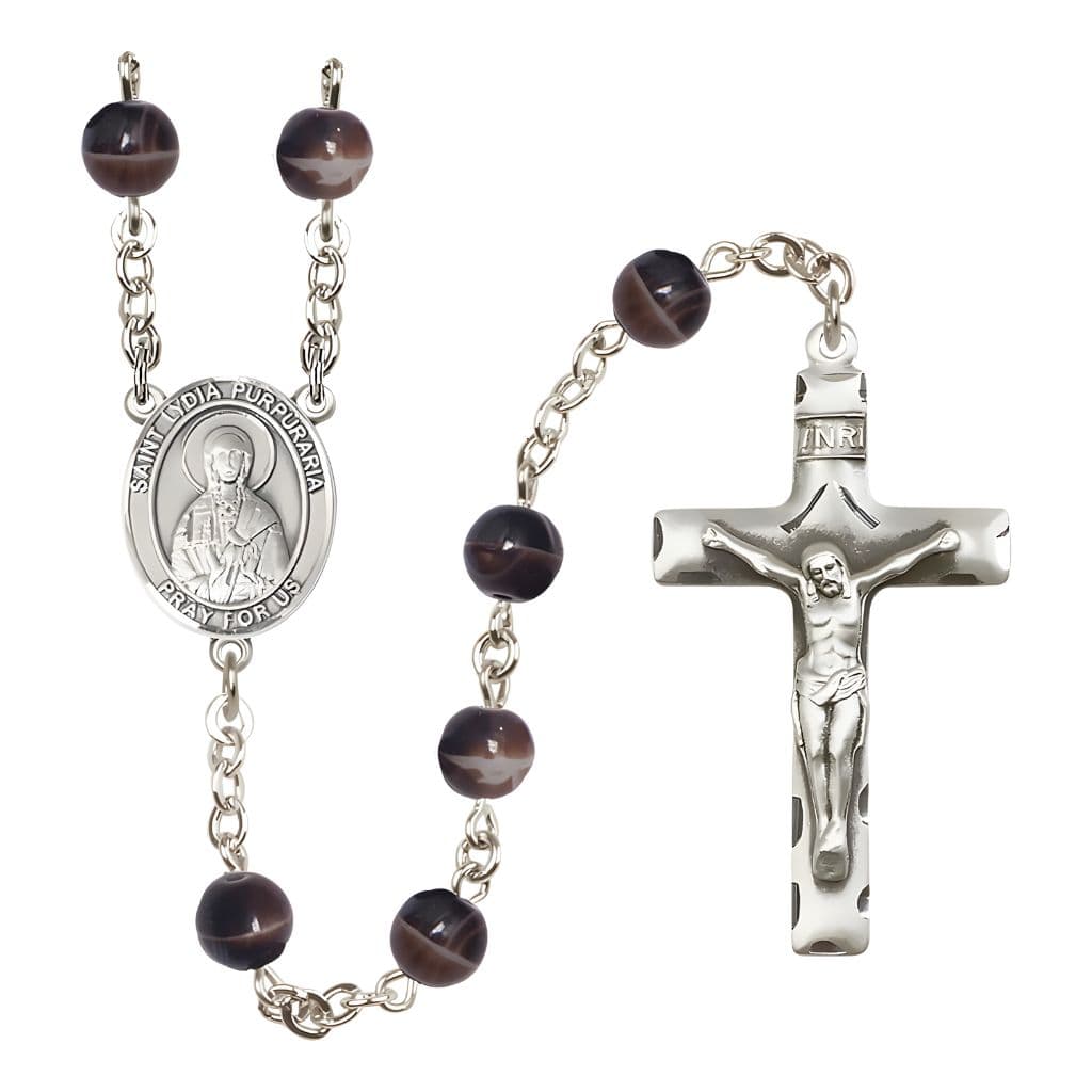Bliss St. Lydia Purpuraria 7mm Brown Glass Bead Catholic Rosary with Pewter Centerpiece and Crucifix