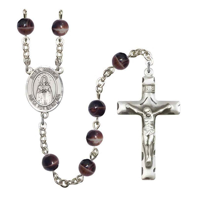 Spanish Rosa Mystica 7mm Brown Glass Bead Rosary with Pewter Centerpiece and Crucifix, Gift Box.
