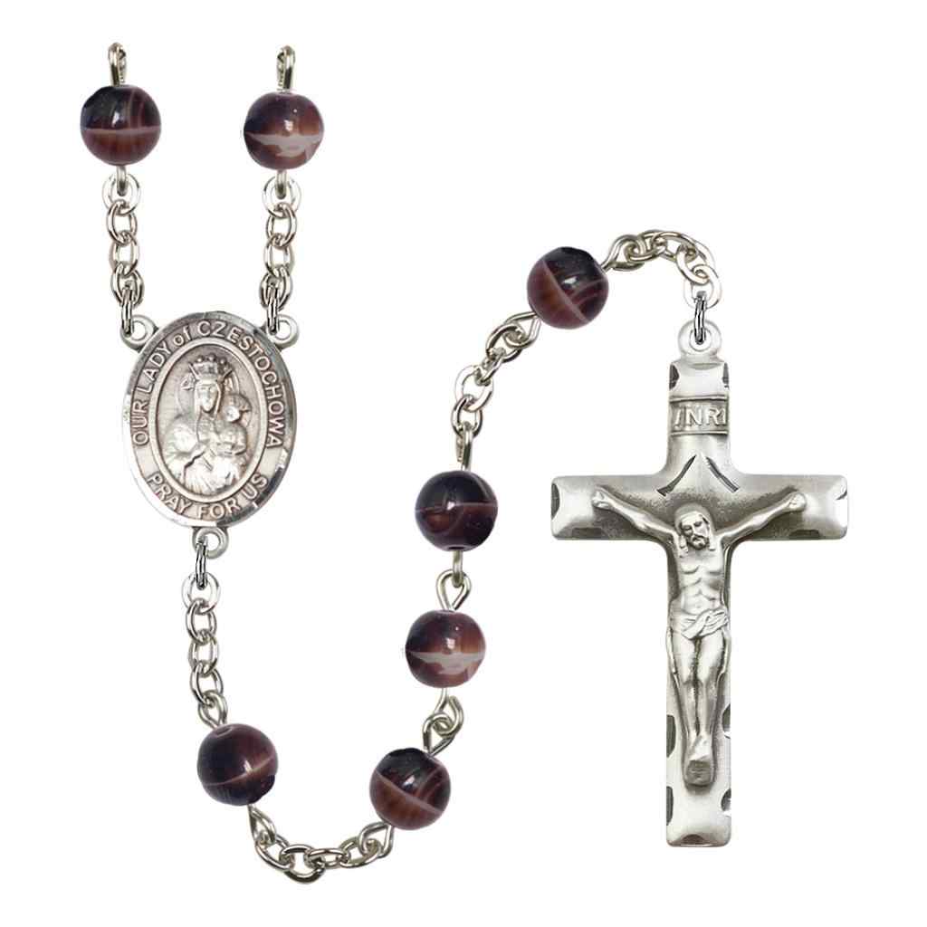 Our Lady of Czestochowa 7mm Brown Glass Bead Silver-plated Rosary with Pewter Centerpiece and Crucifix, Gift Box.