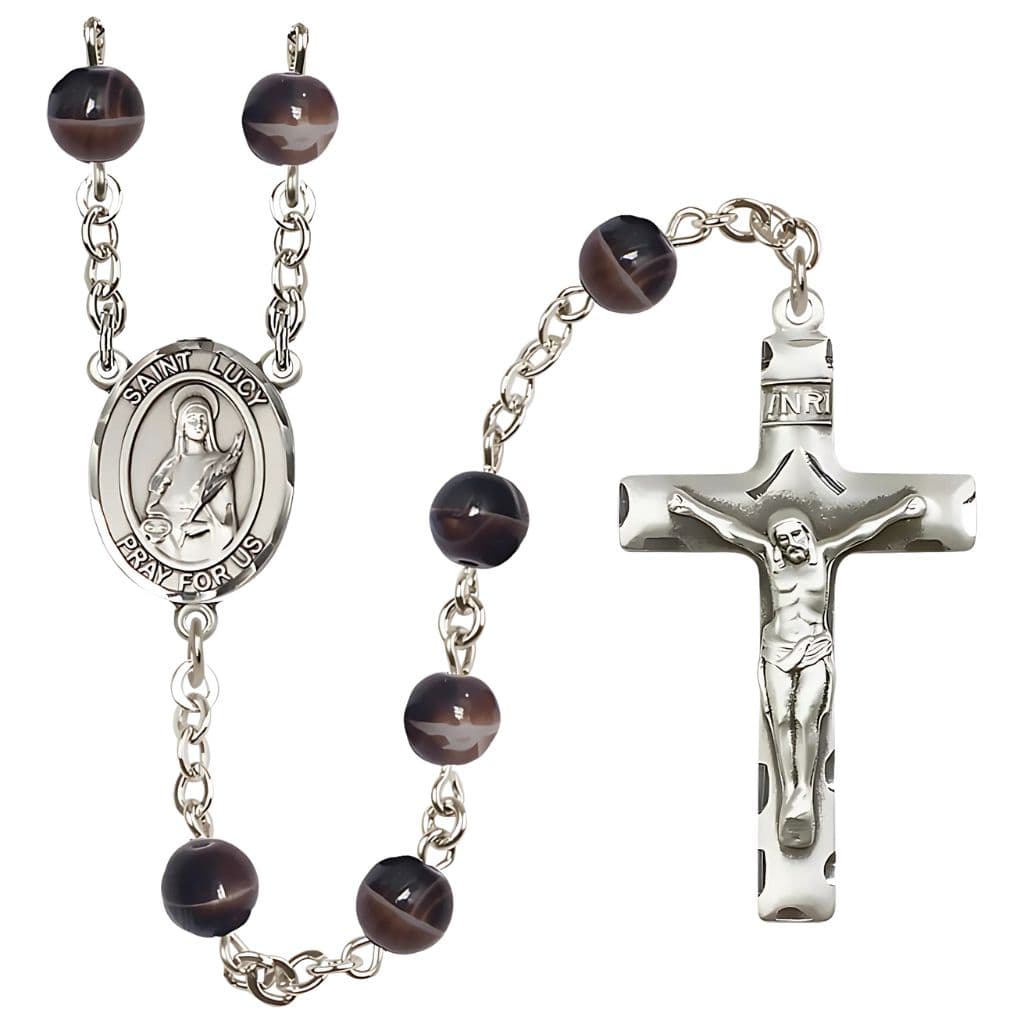 Bliss St. Lucy 7mm Brown Glass Bead Catholic Rosary with Pewter Centerpiece and Crucifix