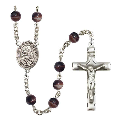 Our Lady of the Precious Blood 7mm Brown Glass Bead Rosary with Pewter Centerpiece and Crucifix, Gift Box.