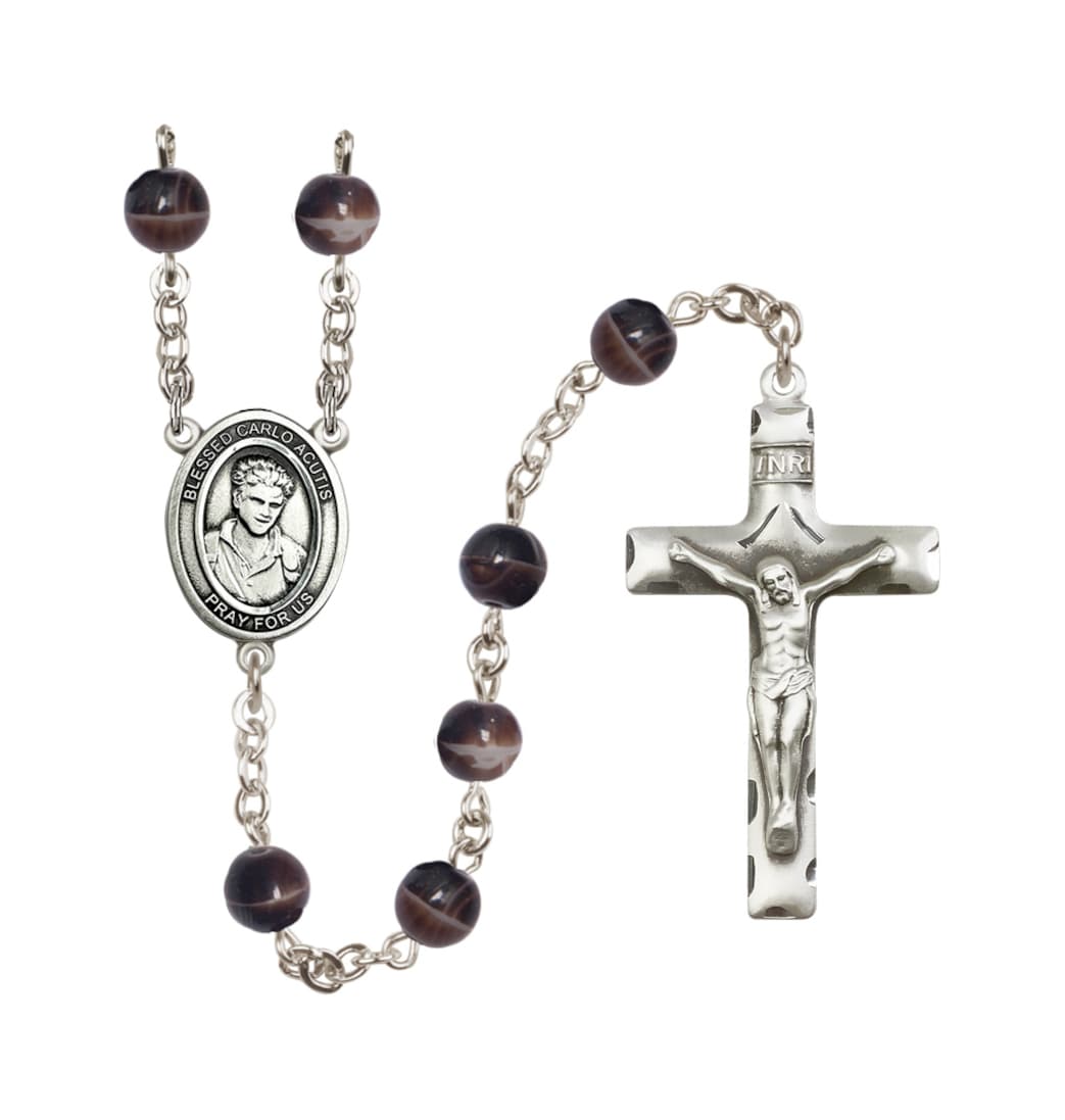 Bliss Blessed Carlo Acutis 7mm Brown Bead Silver-Plated Rosary,