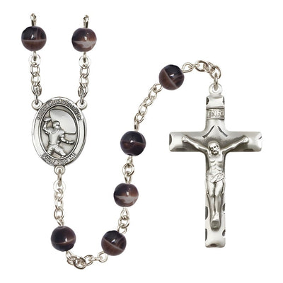St. Christopher Football 7mm Brown Glass Bead Catholic Rosary with Pewter Centerpiece and Crucifix, Bliss Manufacturing