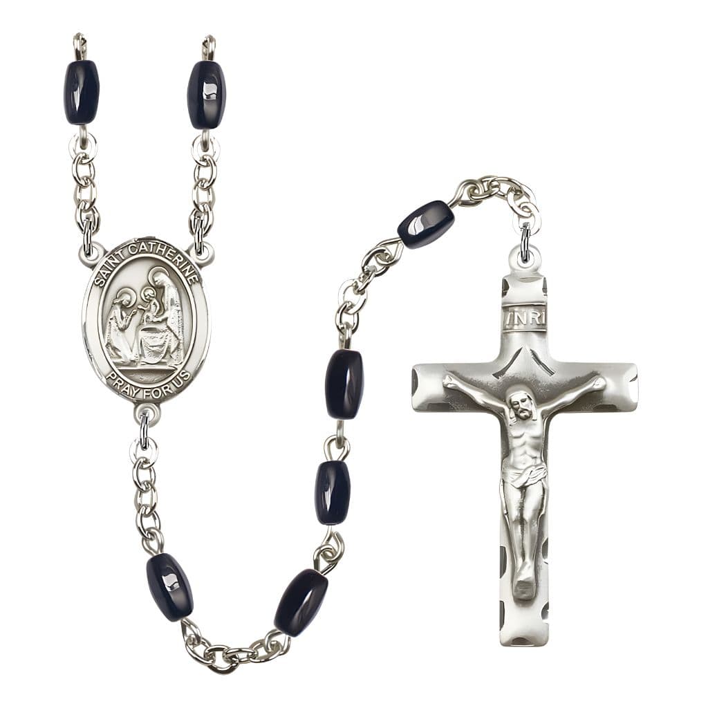 Bliss St. Catherine of Siena 8x5mm Black Onyx Bead Catholic Rosary with Pewter Centerpiece and Crucifix