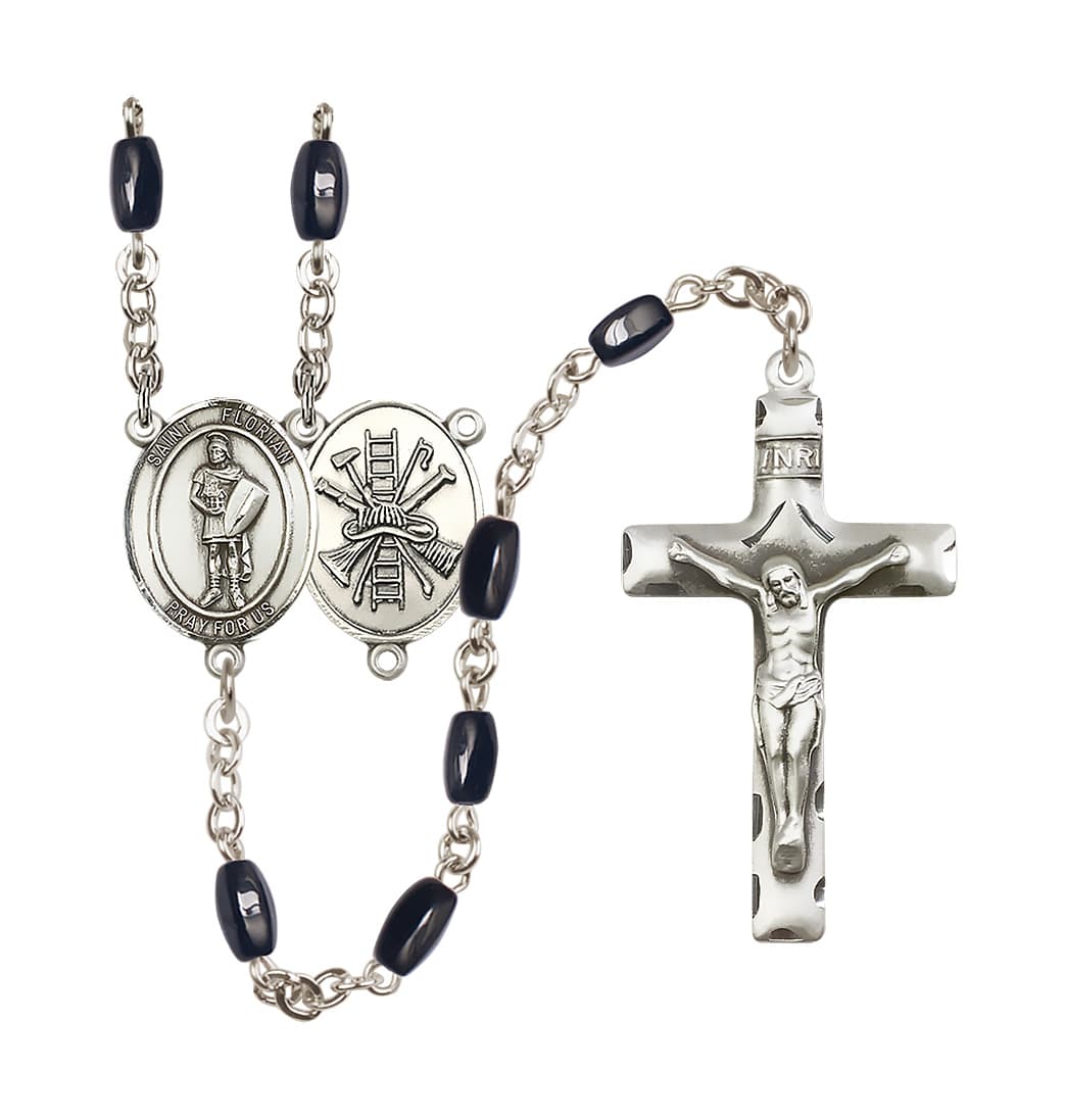 Bliss St Florian Firefighter 8x5mm Black Bead Silver-Plated Rosary,