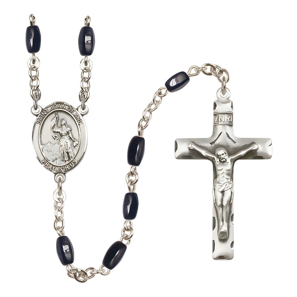 Bliss St. Joan of Arc 8x5mm Black Onyx Bead Rosary with Pewter Centerpiece and Crucifix, Gift Box.