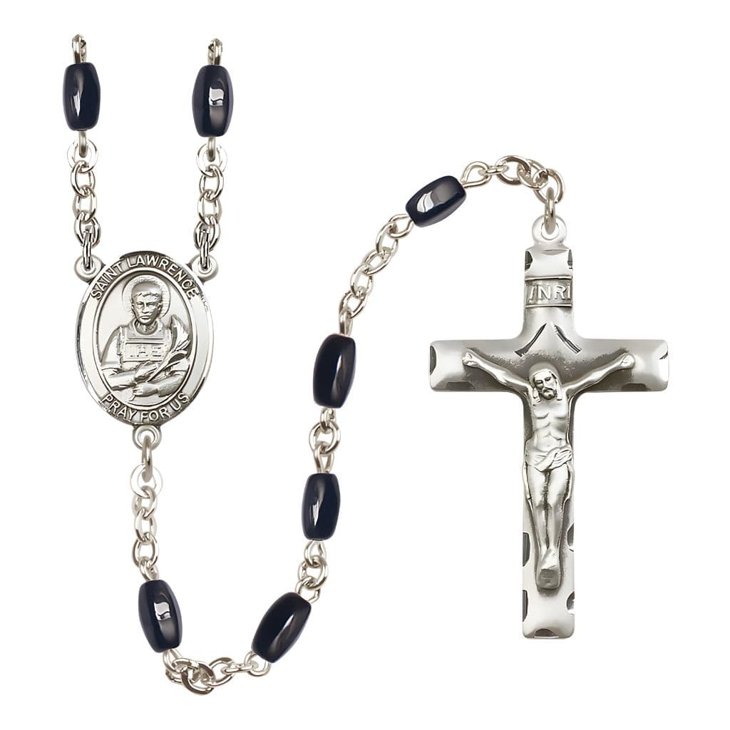 Bliss St. Lawrence 8x5mm Black Onyx Bead Silver-plated Rosary with Pewter Crucifix and Centerpiece