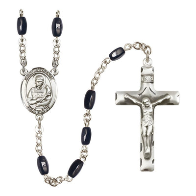 St. Lawrence 8x5mm Black Onyx Bead Silver-plated Rosary with Pewter Crucifix and Centerpiece, Bliss Manufacturing