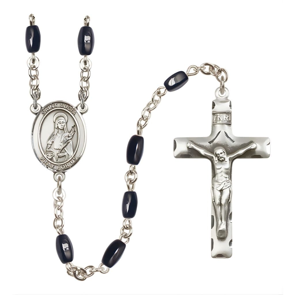 Bliss St. Lucia of Syracuse 8x5mm Black Onyx Bead Catholic Rosary with Pewter Centerpiece and Crucifix