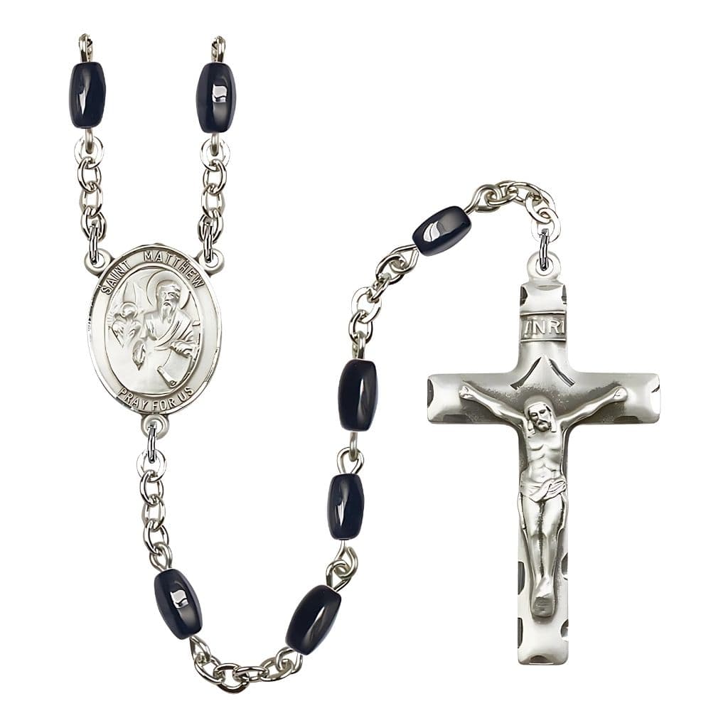 Bliss St. Matthew the Apostle 8x5mm Black Onyx Bead Silver-plated Rosary with Pewter Center and Crucifix