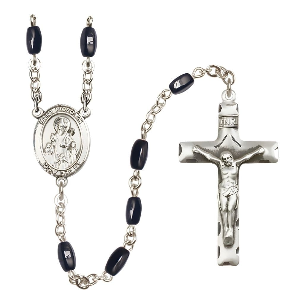 Bliss Catholic St. Nicholas 8x5mm Black Onyx Bead Silver-Plated Rosary with Pewter Centerpiece and Crucifix