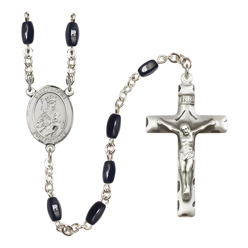 Bliss St. Louis IX of France 8x5mm Black Onyx Catholic Rosary with Pewter Centerpiece and Crucifix