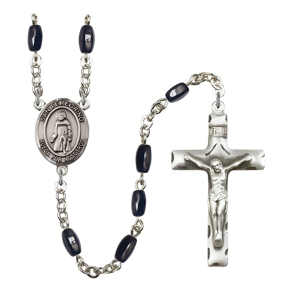 Bliss Spanish San Peregrino 8x5mm Black Onyx Bead Rosary with Pewter Centerpiece and Crucifix, Gift Box.