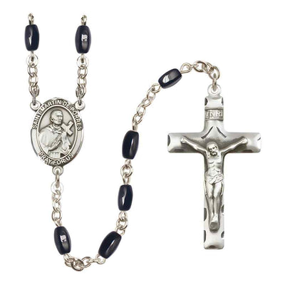 Saint Martin de Porres 8x5mm Black Onyx Bead Rosary with Pewter Centerpiece and Crucifix in Gift Box, Made in USA by Bliss Manufacturing