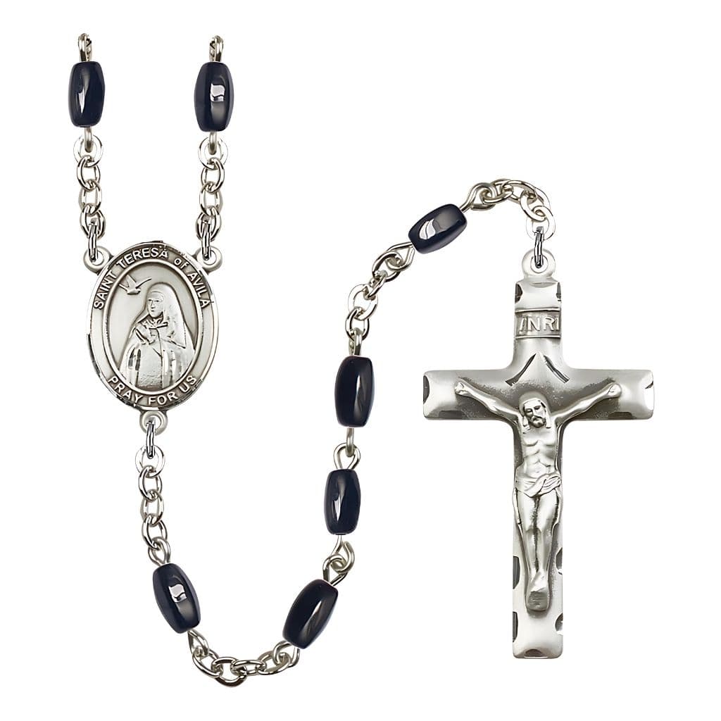 Bliss St. Teresa of Avila Rosary with 8x5mm Black Onyx beads and pewter centerpiece and crucifix