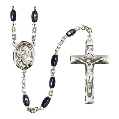St. Theresa 8x5mm Black Onyx Bead Silver-plated Rosary with Pewter Centerpiece and Crucifix, Bliss Manufacturing