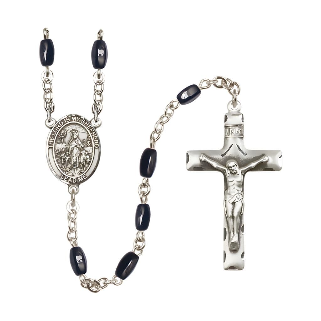 Bliss Lord Is My Shepherd 8x5mm Black Onyx Bead Catholic Rosary with Pewter Centerpiece and Crucifix