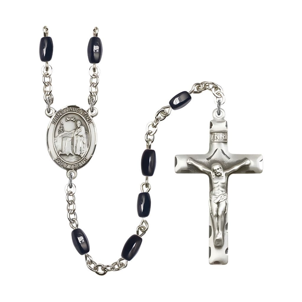 Bliss St. Valentine of Rome 8x5mm Black Onyx Bead Silver-plated Rosary with Pewter Centerpiece and Crucifix