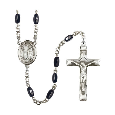 St. Valentine of Rome 8x5mm Black Onyx Bead Silver-plated Rosary with Pewter Centerpiece and Crucifix, Bliss Manufacturing