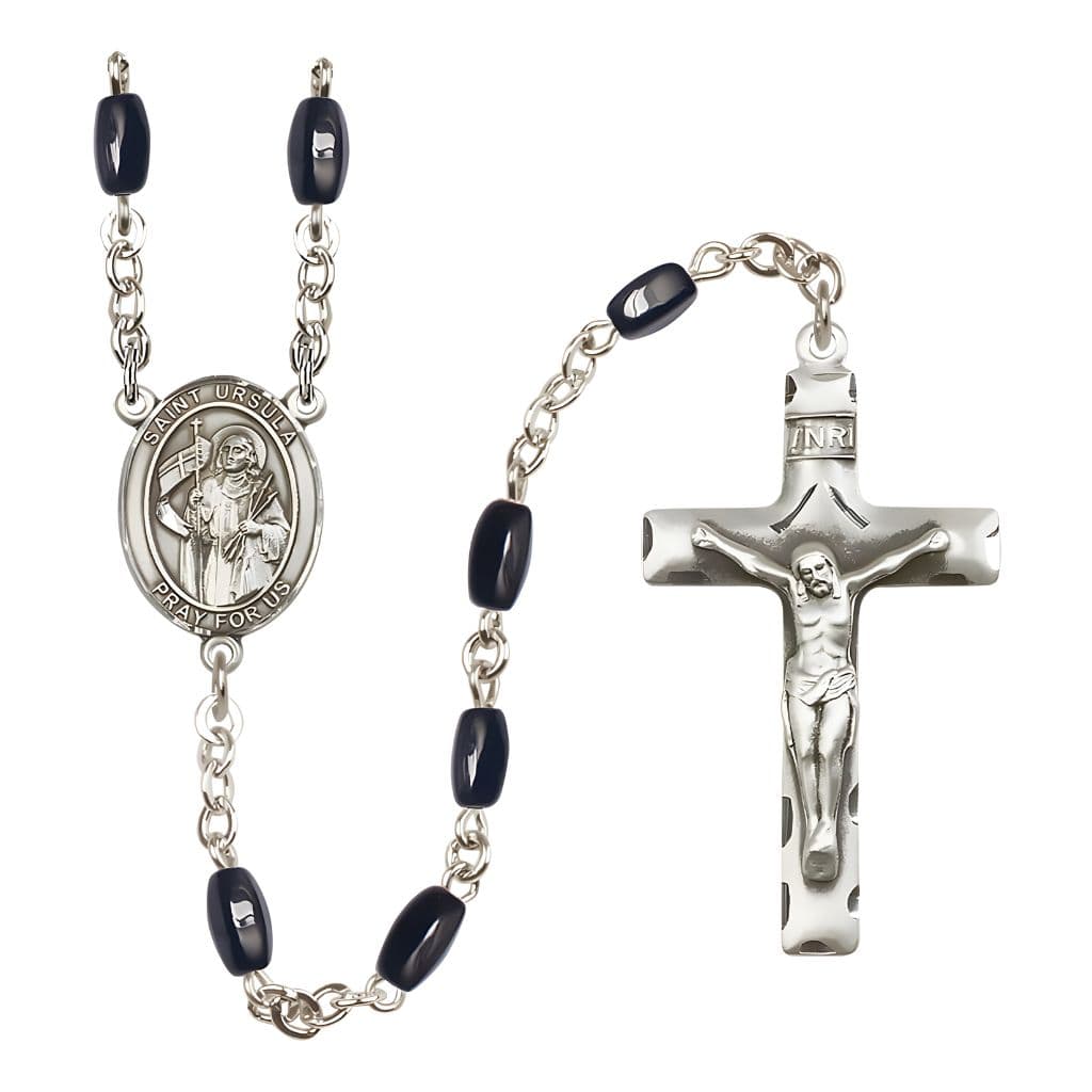 St. Ursula 8x5mm Black Onyx Catholic Rosary with Pewter Centerpiece and Crucifix, Made in USA by Bliss