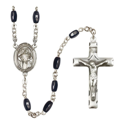 St. Ursula 8x5mm Black Onyx Catholic Rosary with Pewter Centerpiece and Crucifix, Bliss Manufacturing