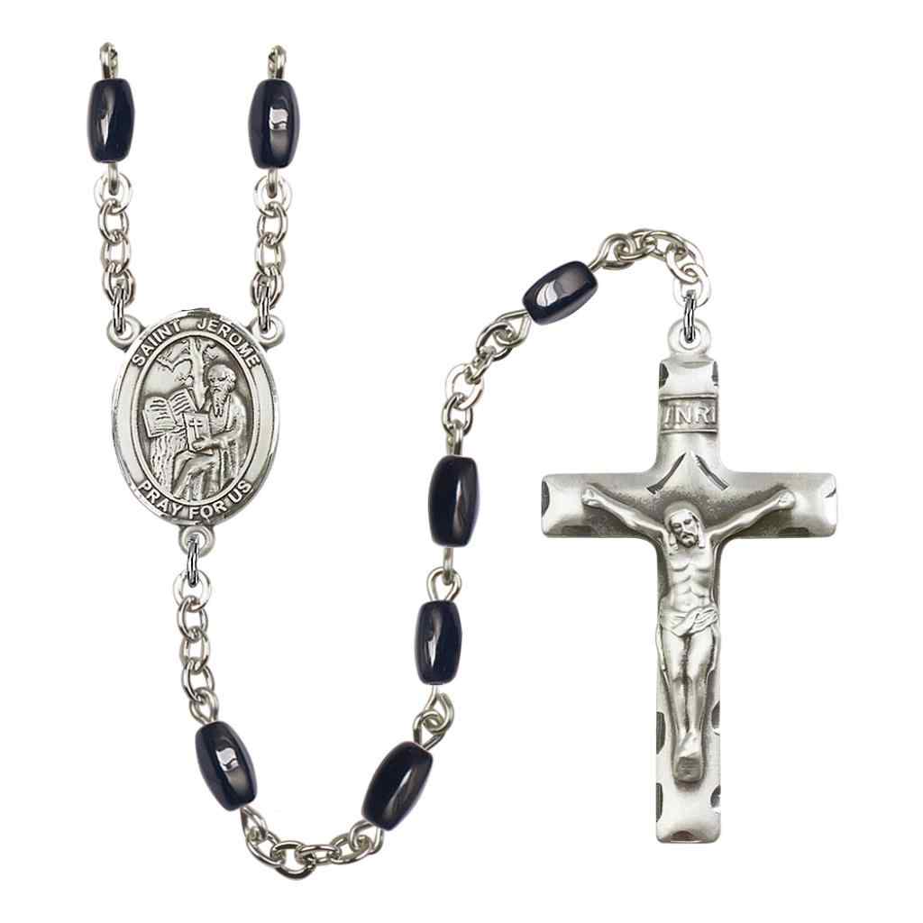 Jerome 8x5mm Black Onyx Bead Rosary with Pewter Centerpiece and Crucifix in Gift Box