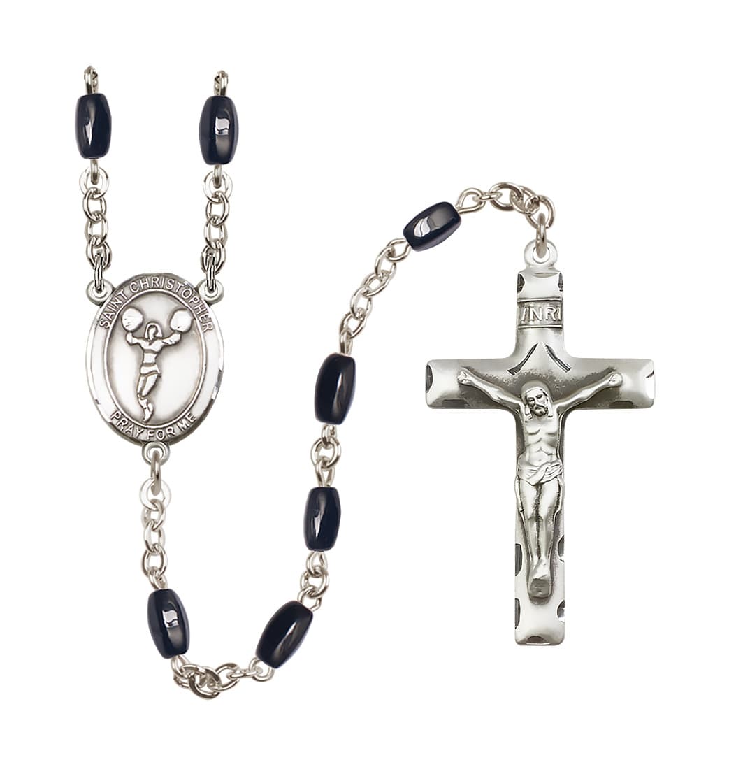 Bliss St Christopher Cheerleading 8x5mm Black Bead Rosary,