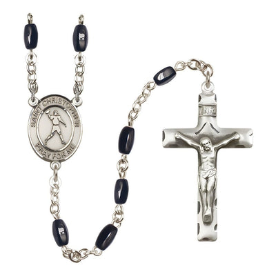 Football St. Christopher 8x5mm Black Onyx Bead Catholic Rosary with Pewter Centerpiece and Crucifix, Bliss Manufacturing