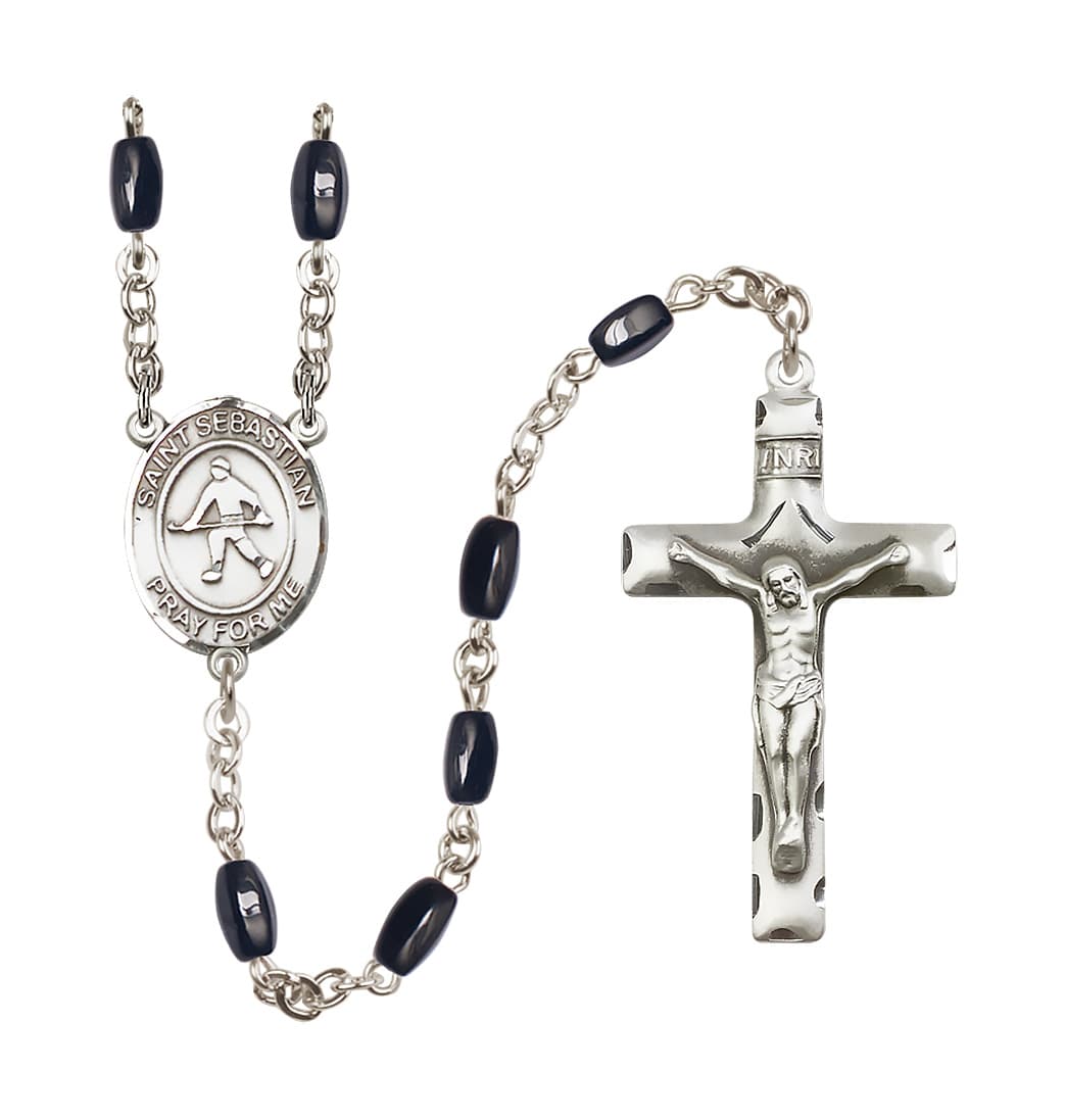 Bliss St Sebastian Field Hockey 8x5mm Black Bead Rosary,