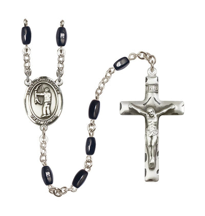 St Christopher Archery 8x5mm Black Bead Rosary, Bliss Manufacturing