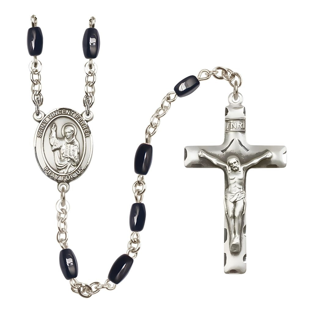 Bliss St. Vincent Ferrer 8x5mm Black Onyx Bead Catholic Rosary with Pewter Centerpiece and Crucifix