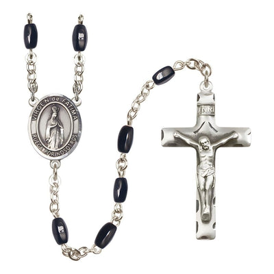 Spanish Virgen de Fatima 8x5mm Black Onyx Bead Rosary with Pewter Centerpiece and Crucifix, Gift Box, Bliss Manufacturing