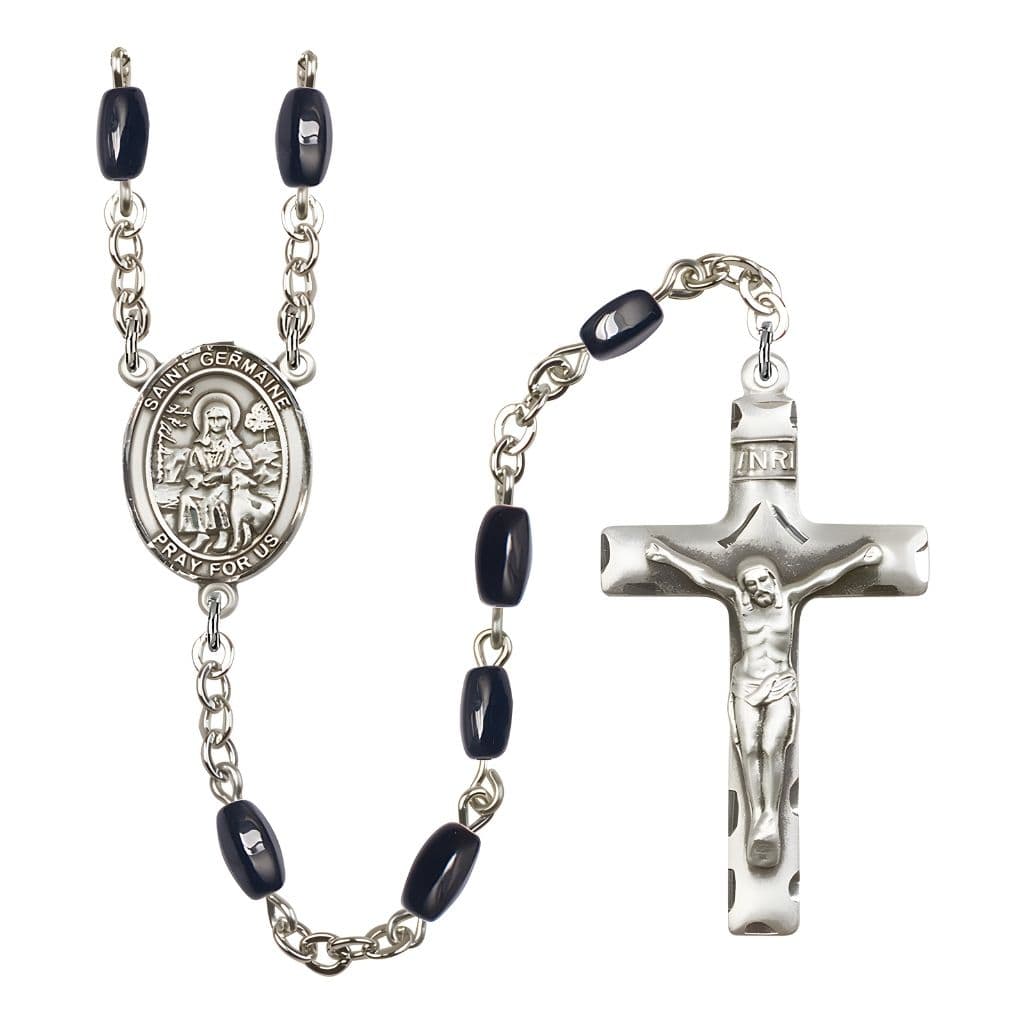 St. Germaine Cousin 8x5mm Black Onyx Bead Rosary with Pewter Centerpiece and Crucifix, Gift Box.