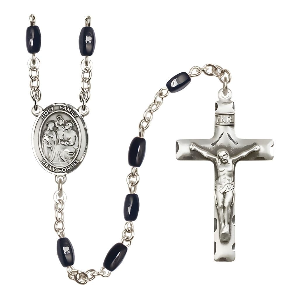 Bliss Holy Family 8x5mm Black Onyx Bead Silver-Plated Catholic Rosary with Pewter Centerpiece and Crucifix